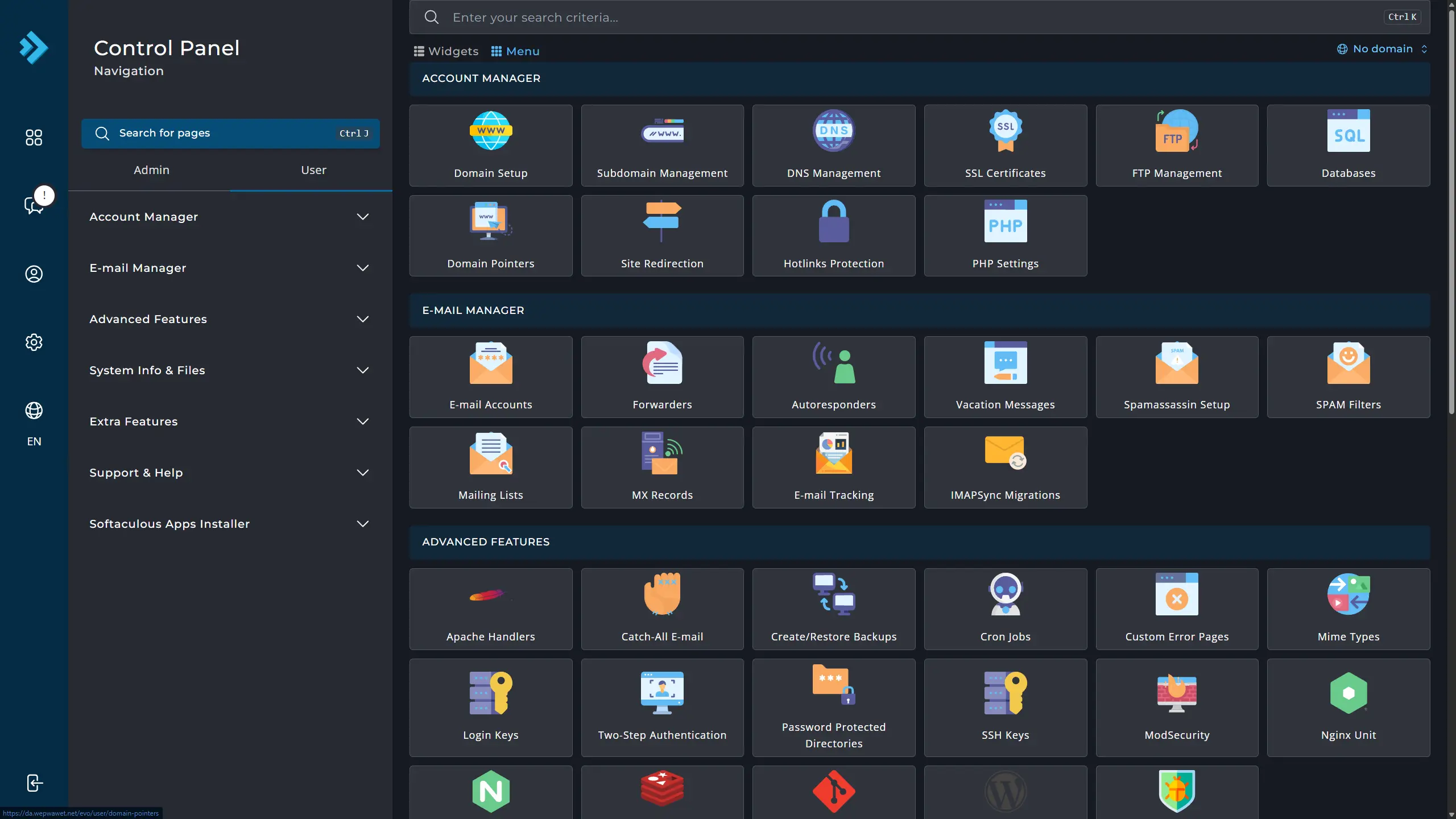 Website Control Panel Screenshot